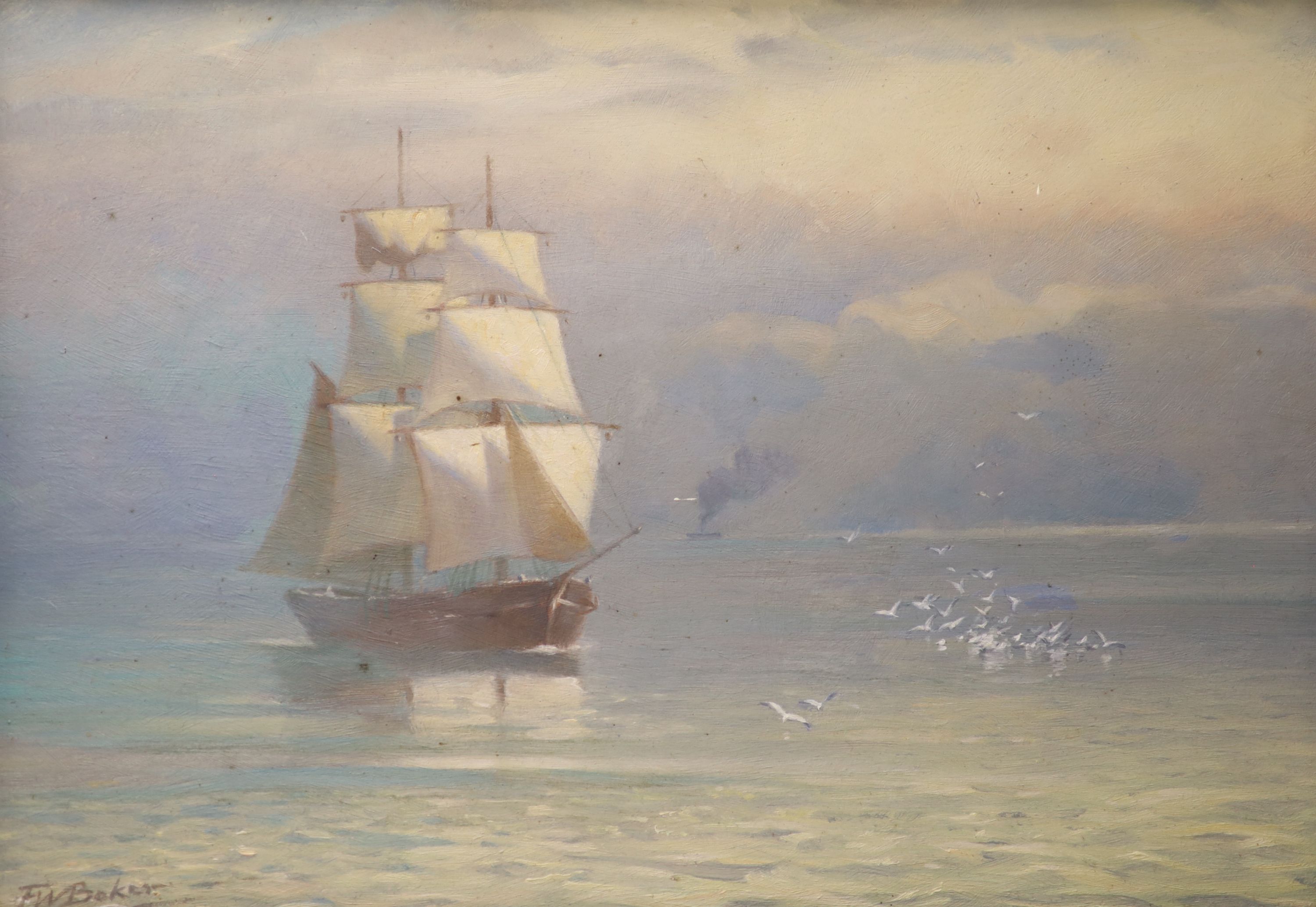 Frederick W. Baker (1862-1936), oil on board, sailing boat on a calm sea. 24 x 34cm